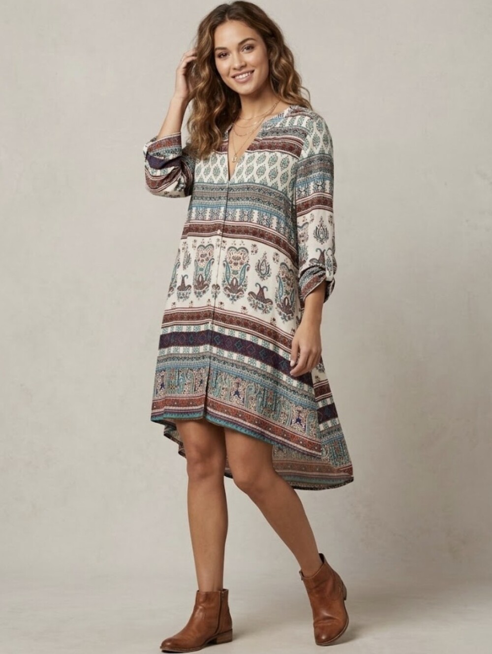 Chelsea & Violet Boho Paisley Printed High Low Shirt Dress L Roll Tab Sleeve EUC
